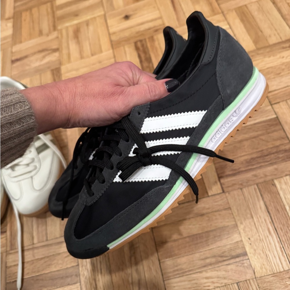 Adidas Black and White Shoes with Green Detail